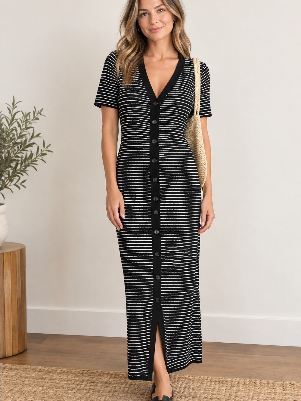 A New Day Striped Ribbed Knit Button-Front Sweater Dress XL 90’s Aesthetic Mod
